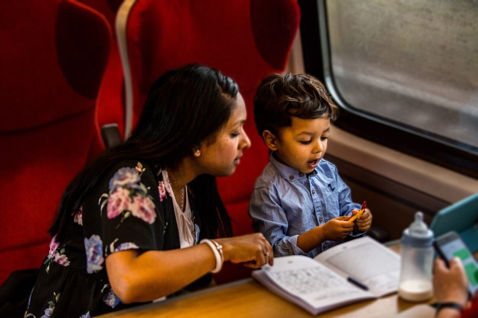 Mother and pre-school son on train