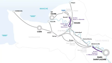 Railway routes linking Paris to key destinations in Normandy, including Cherbourg, Le Havre, and Rouen. It highlights the new sections from Nanterre to Mantes-la-Jolie and Rouen to Barantin, as well as the upcoming Rouen Saint-Sever Station. (Photo: SNCF Réseau)