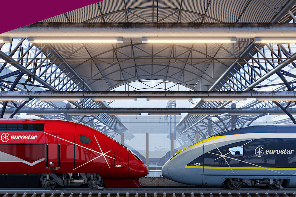 Nose to nose e320 trains under the canopy at Paris Nord in the two liveries of Eurostar - Thalys red on the left and Eurostar grey on the right