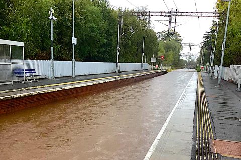 Flooding due to extreme weather at Bowling Station, Scotland, on 7 October 2023