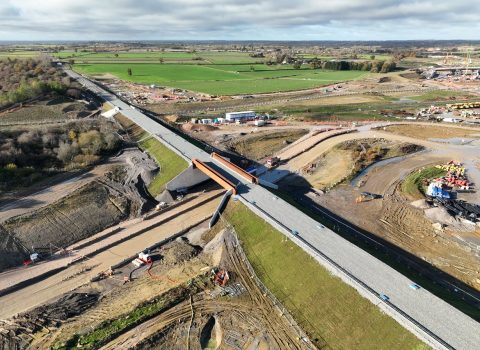 Aerial view of the civil engineering works for the crossing of East West Rail over the HS2 line