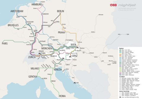 OBB's Nightjet night train routes. 