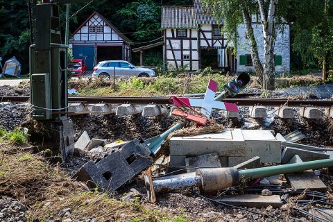 Railway tracks of the Eifelbahn destroyed by a landslide during the 2021 floods.