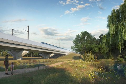 CGI of an HS2 train on a viaduct at speed over leafy Warwickshire countryside with father and child walking beneath on path