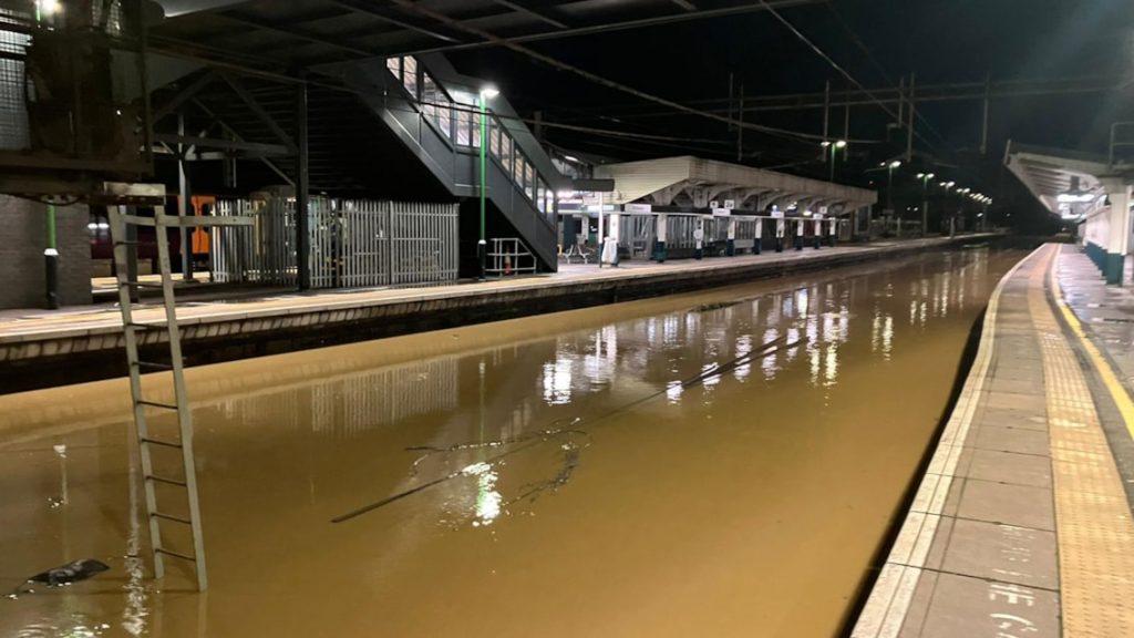 Flooding at Northampton station after River Nene burst banks.