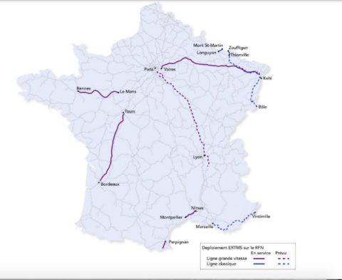 A map of where ERTMS and its various levels are being deployed across France.