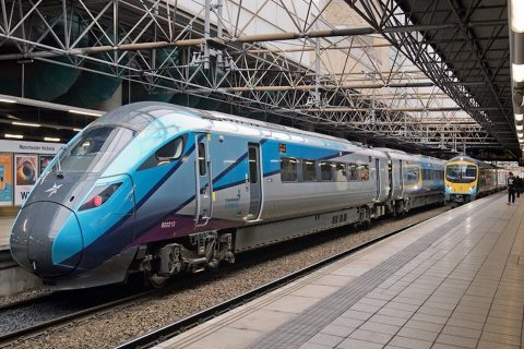 Nova train, a sleek, streamlined, modern express train, at the platform at Manchester Victoria Station