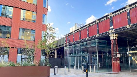 Exterior of the entrance to Salford Central station from pavement level