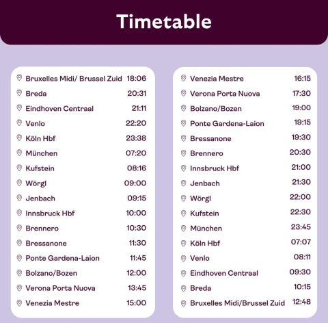 The timetable for the European Sleeper route. © European Sleeper