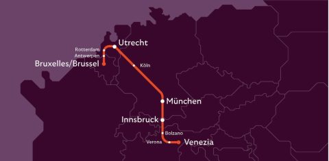 European Sleeper’s night train route from Brussels to Venice. European Sleeper.