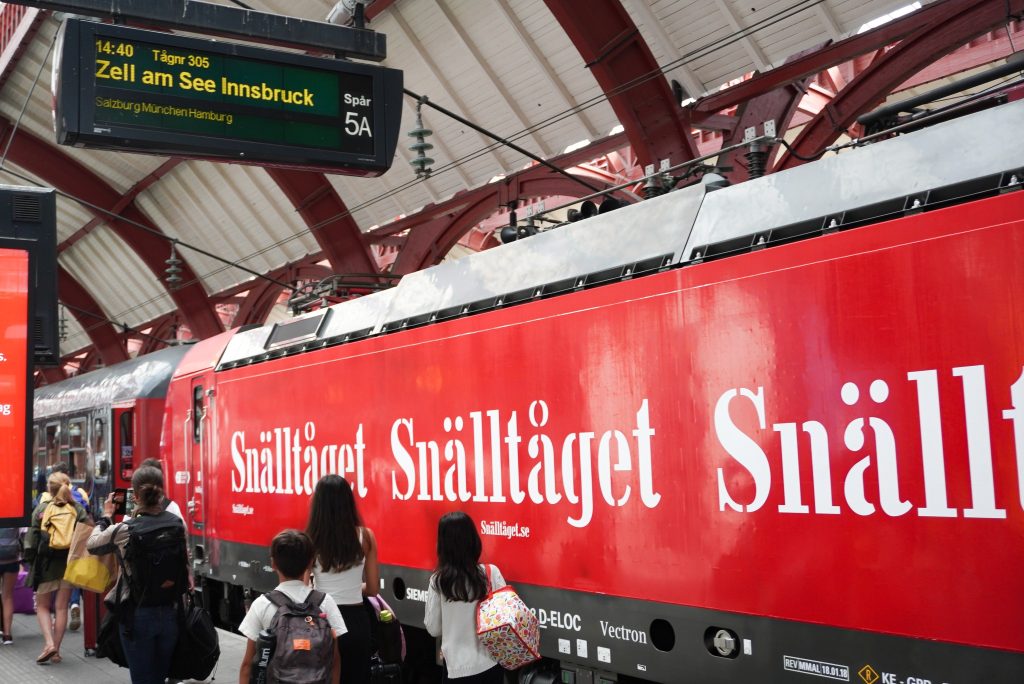 Snälltåget train in Innsbruck, Austria.