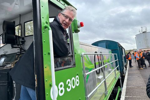 Driver (Simon Walton) looks out from the cab of 08e back down the tracks