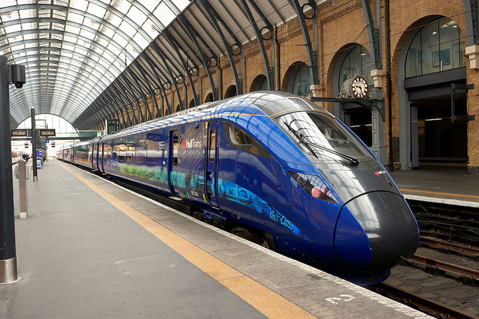 Three quarter shot from platform level of Hitachi Class 800 EMU at King's Cross