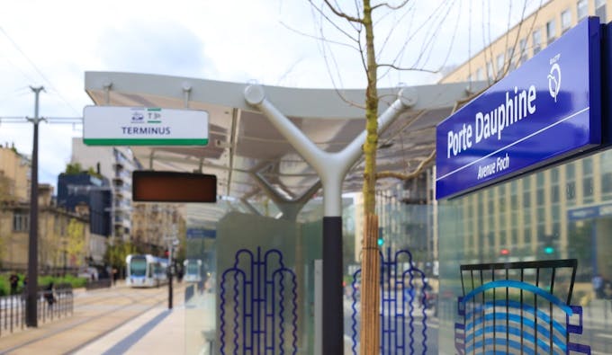 Porte Dauphine tram stop in Paris, France.