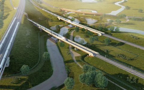 CGI aerial view of HS2 viaducts over a river in rural England