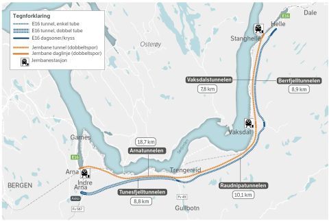 The map shows the railway and road route that is established in the zoning plan. Illustration: Norwegian Road Administration