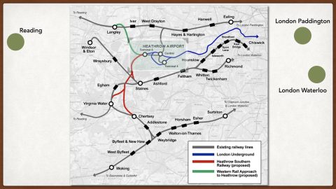 Map of existing and proposed rail connections to Heathrow Airport